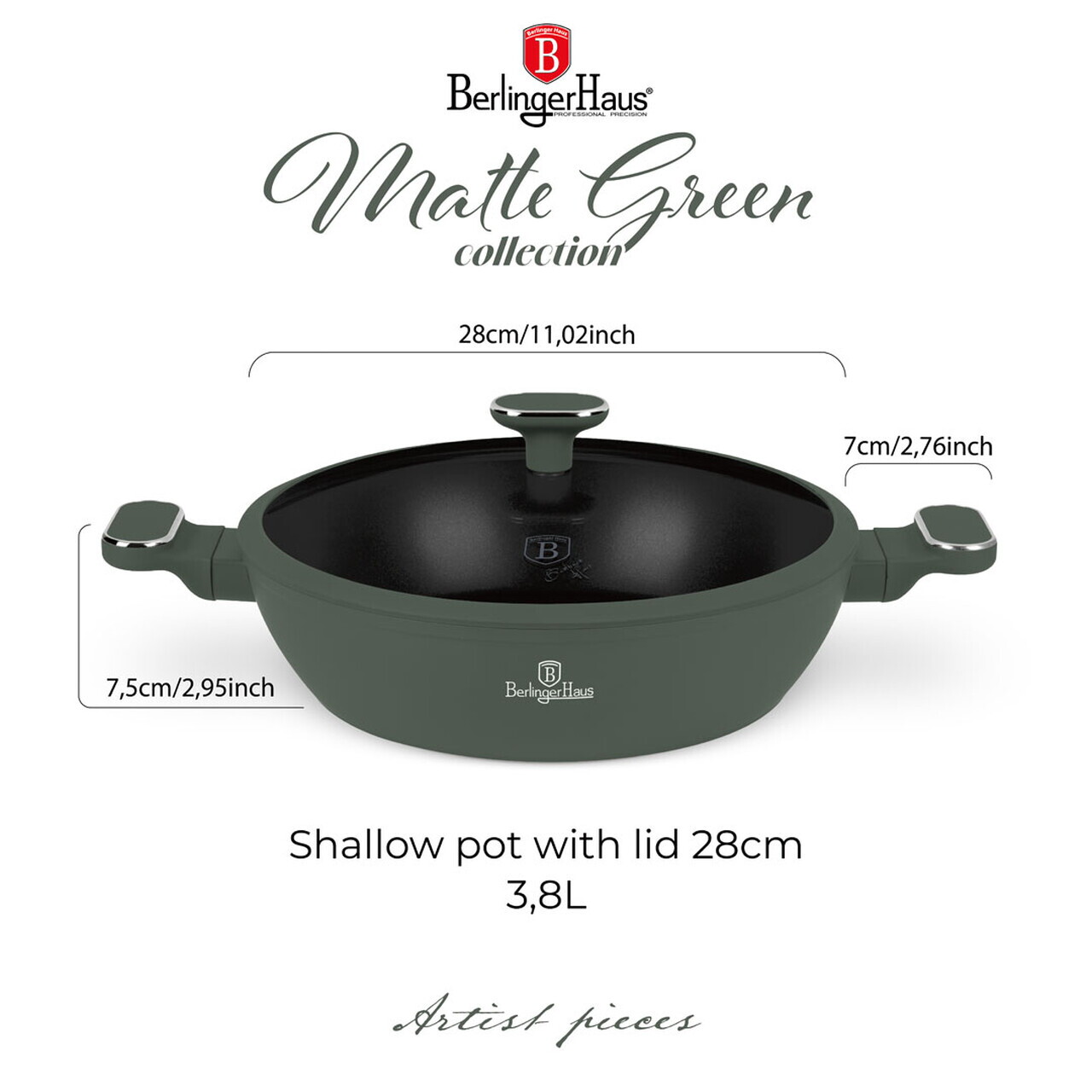 Oala cu capac Berlinger Haus, Matte Green, 30 cm, 4.5 L, aluminiu forjat, verde mat - imagine 10