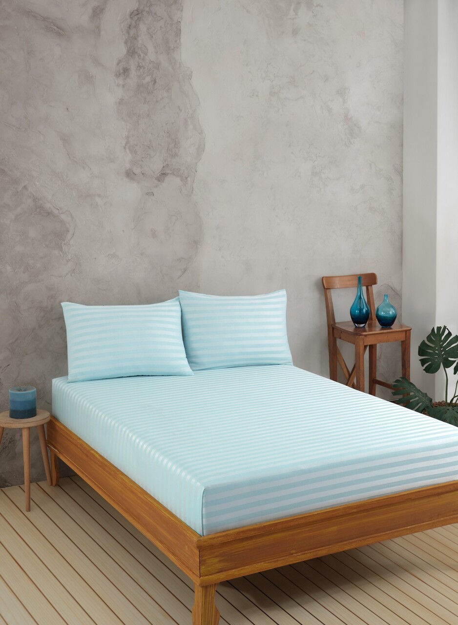 Set de pat pentru o persoana (cearceaf cu elastic si perna) 2 piese, Water Yollu Saten - Mint, EnLora Home, 70% bumbac/30% poliester