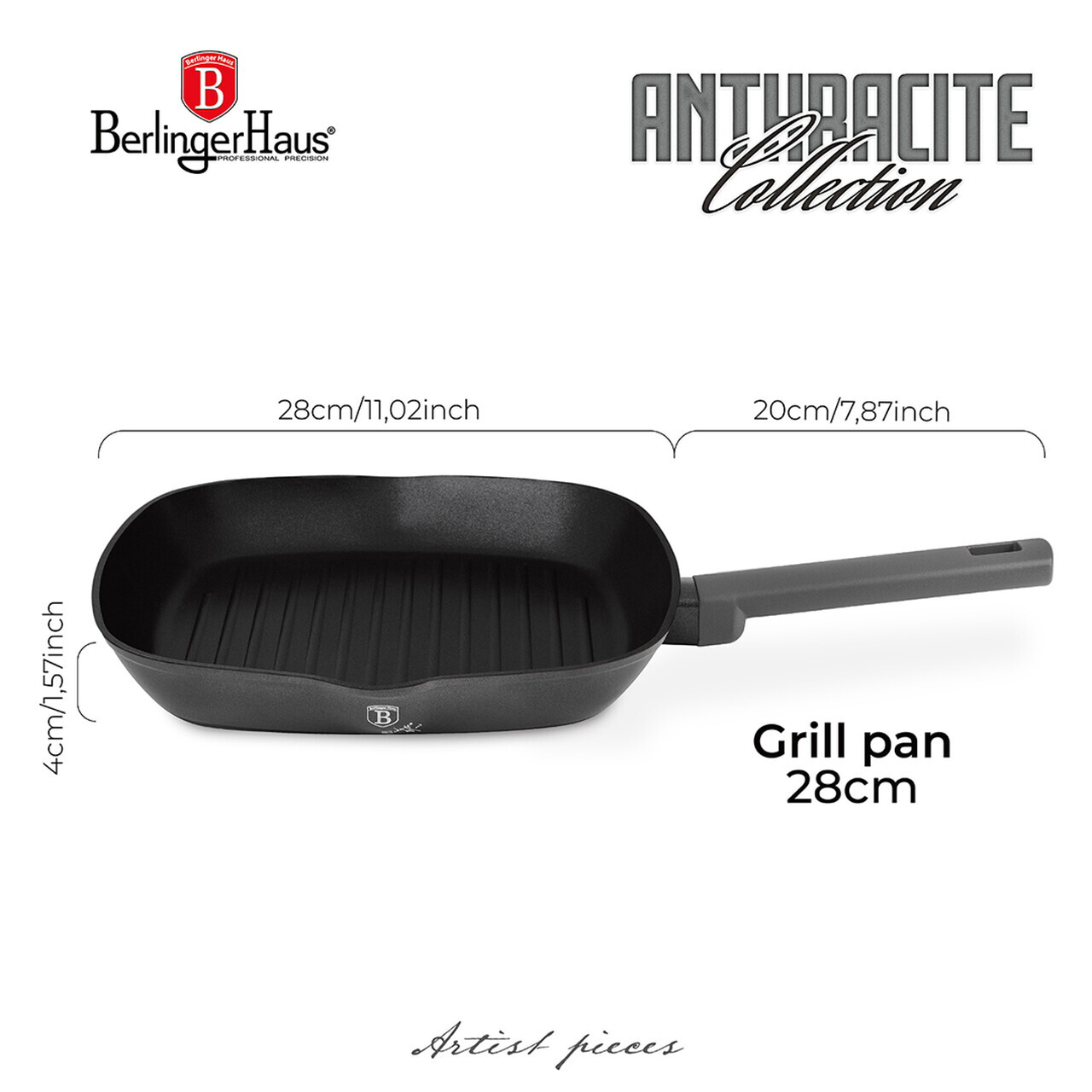 Tigaie grill Berlinger Haus, Anthracite, 28 cm, 2.1 L, aluminiu forjat, antracit mat - imagine 7