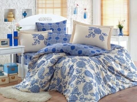 Lenjerie de pat dubla, 6 piese, 240x260 cm, 100% bumbac satinat, Hobby, Antonia, alb/albastru