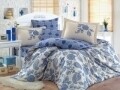 Lenjerie de pat dubla, 6 piese, 240x260 cm, 100% bumbac satinat, Hobby, Antonia, alb/albastru