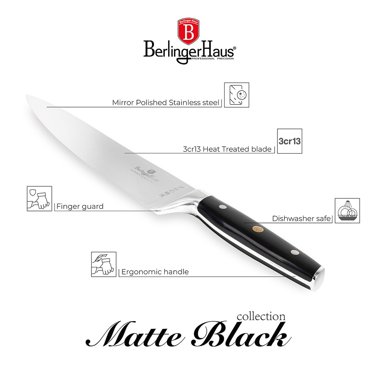 Set 5 cutite cu suport Berlinger Haus, Matte Black, inox/bambus, negru/natur - imagine 16