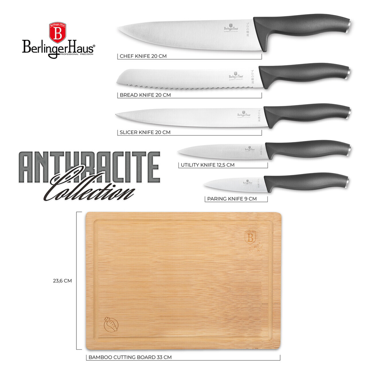 Set 5 cutite cu tocator Berlinger Haus, Anthracite, inox/bambus, antracit mat/natur - imagine 11