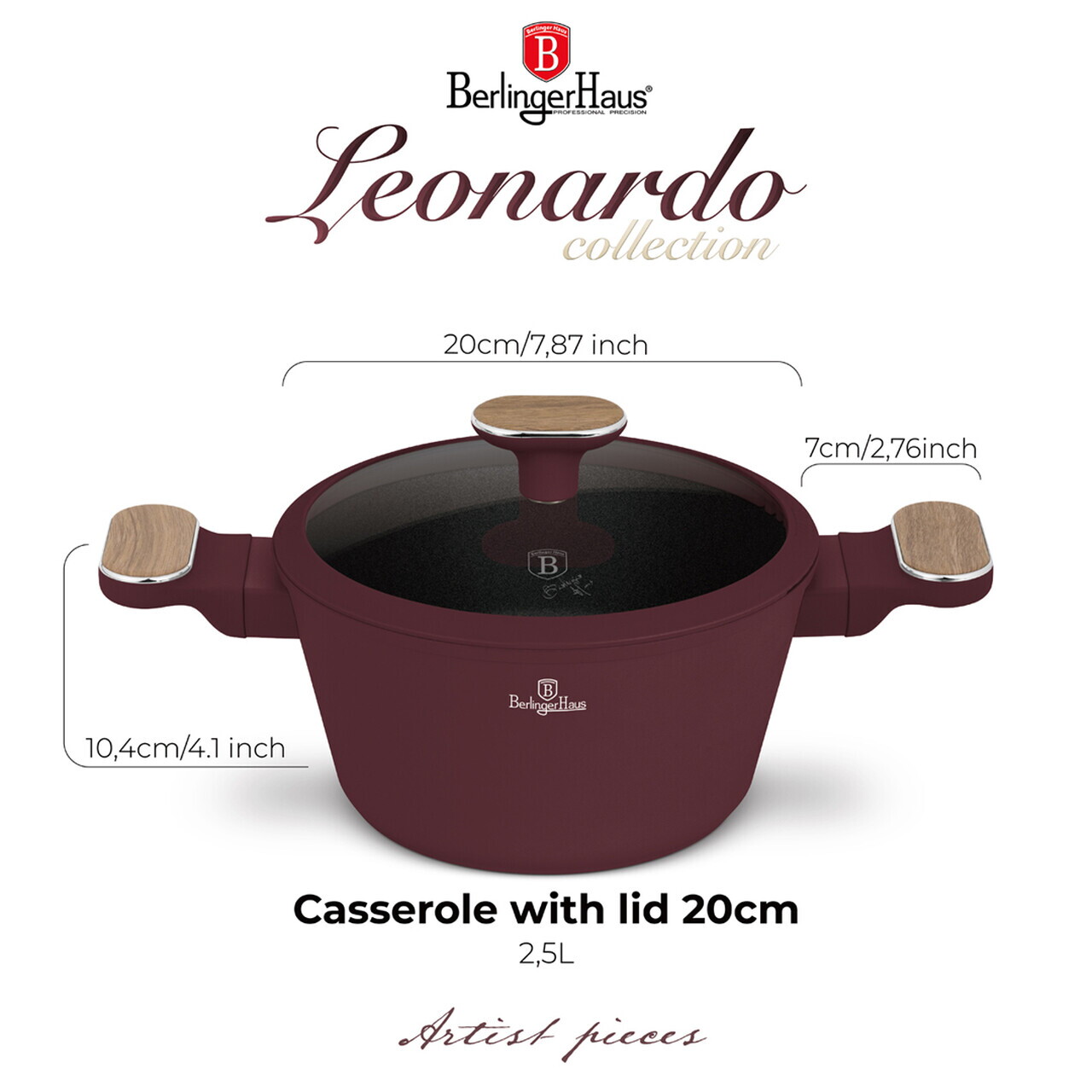 Oala cu capac Berlinger Haus, Leonardo Nordic, 20 cm, 2.6 L, aluminiu forjat, visiniu mat - imagine 10
