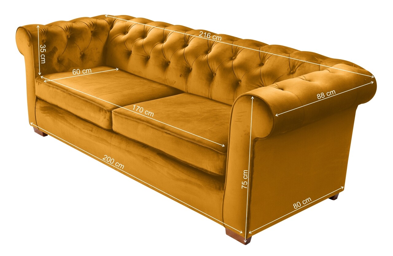 Canapea Extensibila Oxford Chesterfield, 88x216x75 Cm, 3 Locuri, Mustard