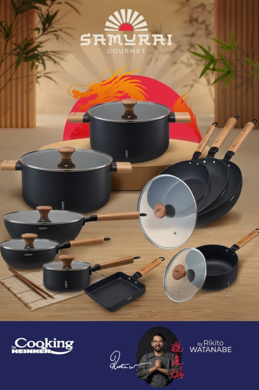 Oala cu capac Samurai Gourmet by Rikito Watanabe si Cooking by Heinner, 16x7 cm, 1.4 L, aluminiu, negru/natur