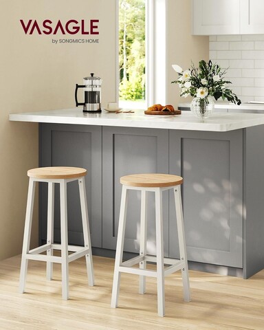 Set 2 scaune de bar, Vasagle, 32x32x65 cm, fier/PAL, alb/natural