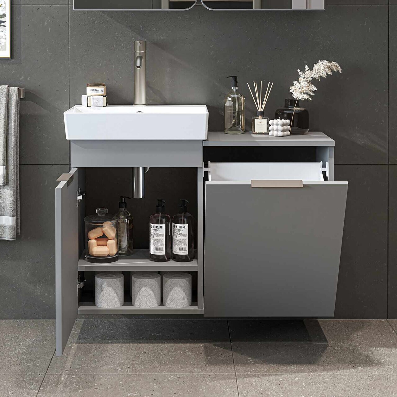 Dulap de baie cu chiuvetă, Hanah Home, Dubai Sepetli, 92.2x69.5x38.6 cm, PAL, Gri deschis — imaginea 4