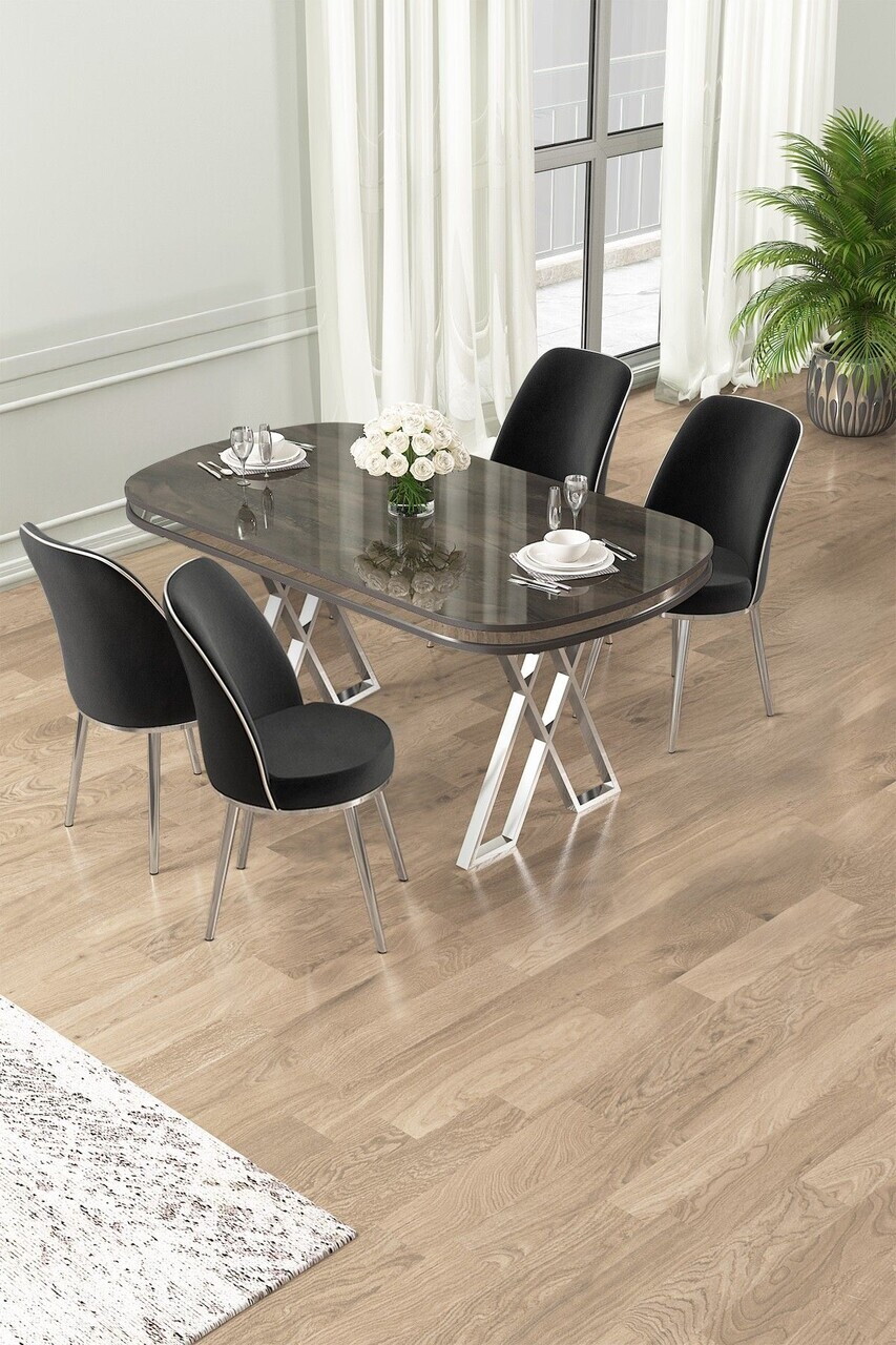 Set masa si scaune (5 piese), Hanah Home, Lai, Antracit / Crom / Negru