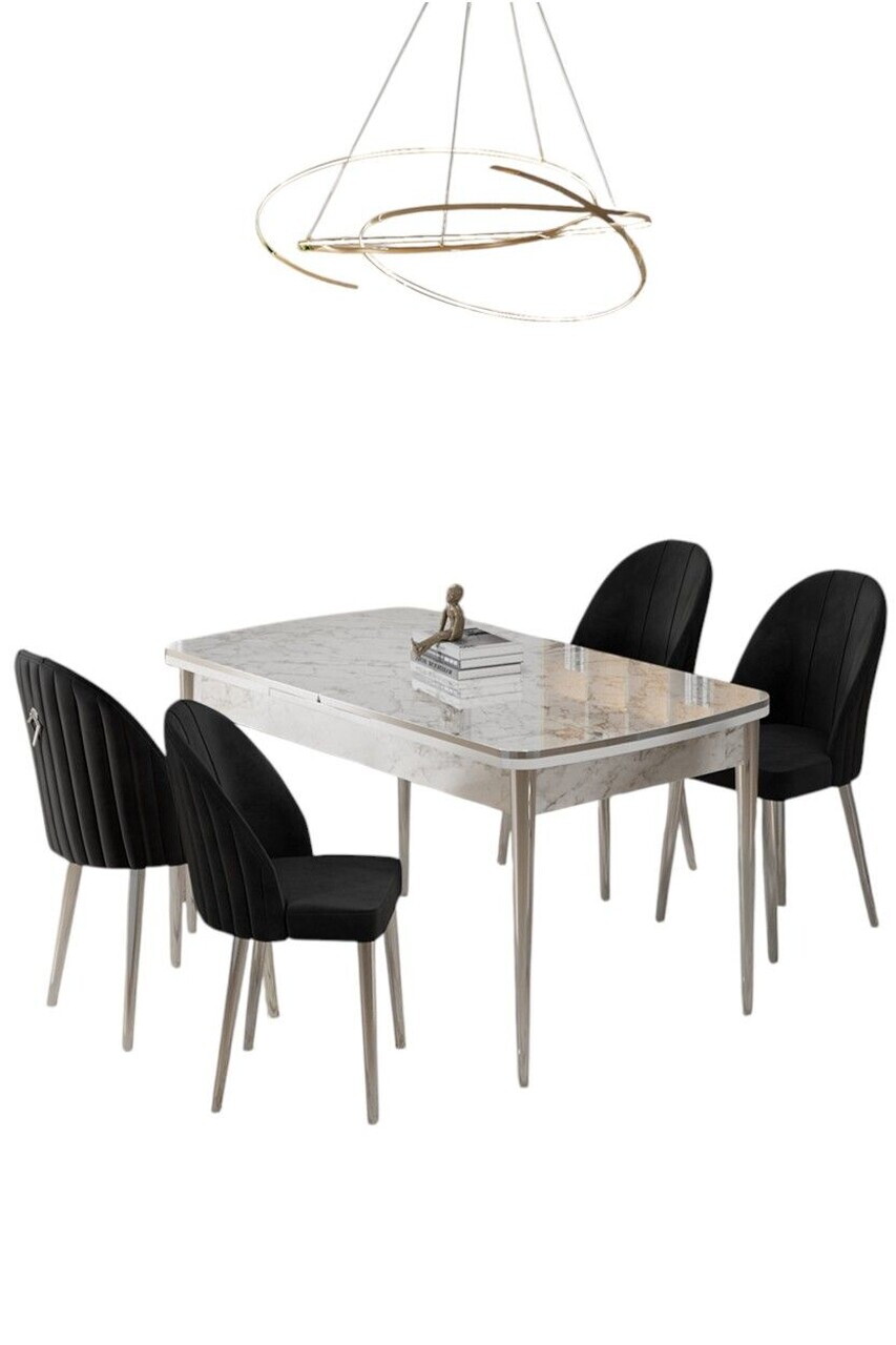 Set masa extensibila si scaune (5 piese), Hanah Home, Rada, Model de marmură albă / Crom / Negru — imaginea 2