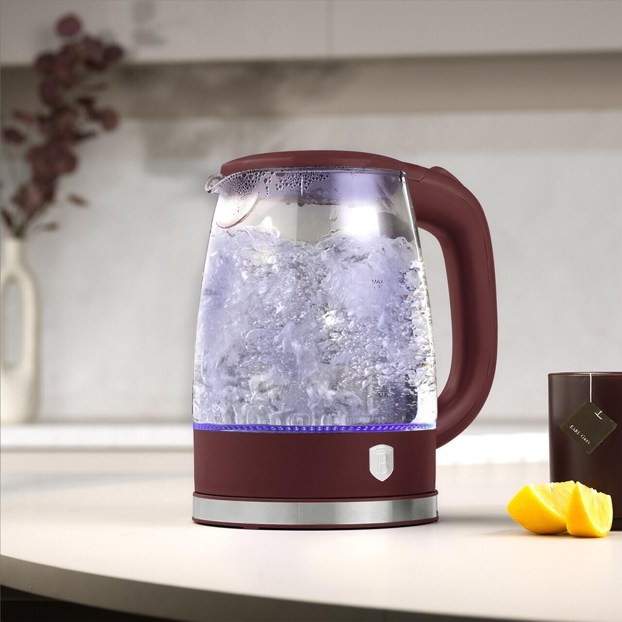 Ceainic electric Berlinger Haus, Leonardo, 1.7 L, sticla borosilicata, visiniu mat/transparent - imagine 4