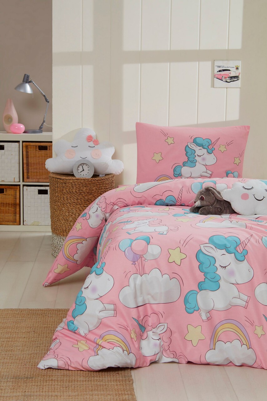 Lenjerie de pat pentru o persoana, Unicornio - Pink, EnLora Home, 65% bumbac/35% poliester