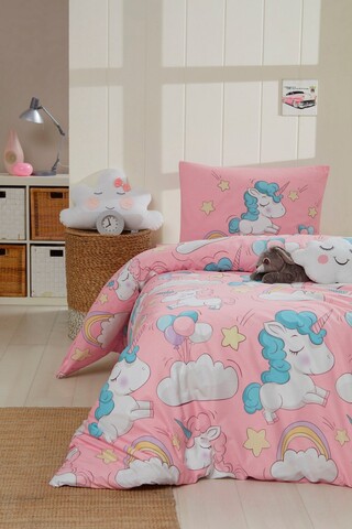 Lenjerie de pat pentru o persoana, Unicornio - Pink, EnLora Home, 65% bumbac/35% poliester