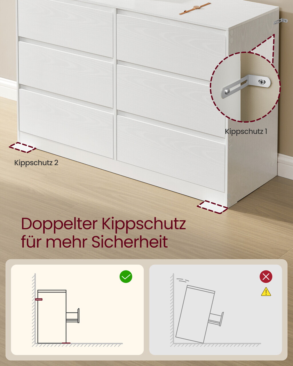 Comoda cu 6 sertare Kailyn, Songmics, 119.4x40x75 cm, PAL/MDF, alb - imagine 5