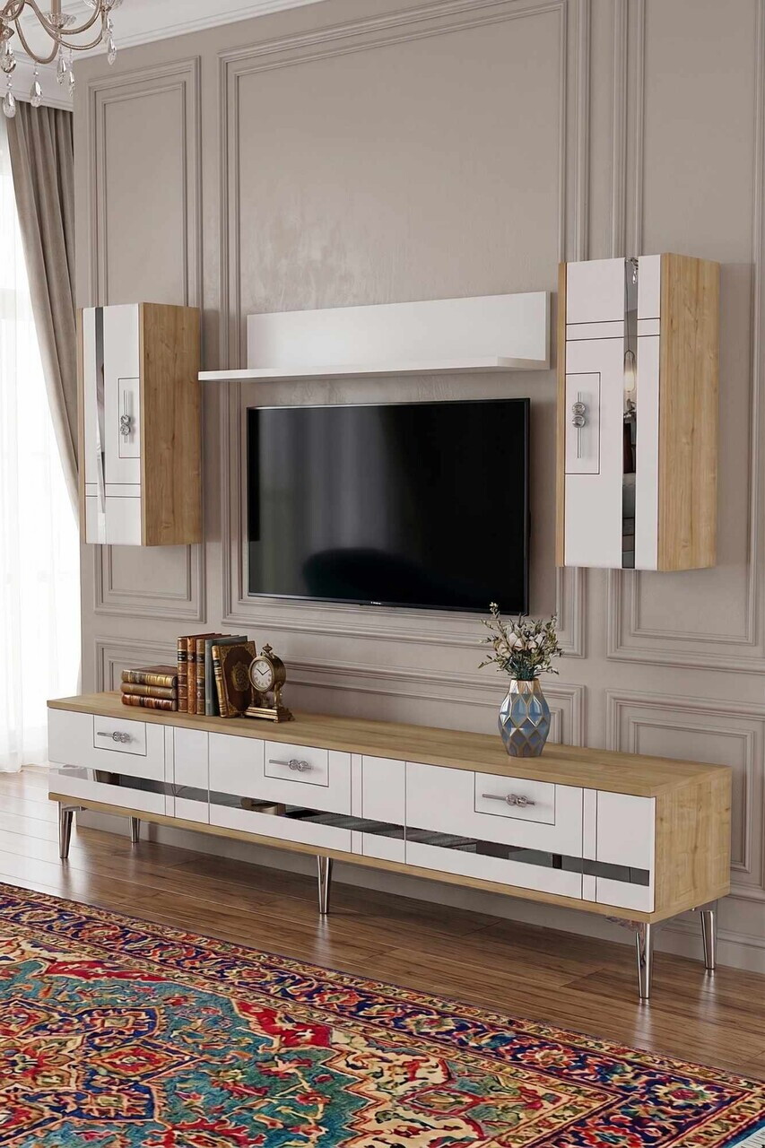 Comoda TV, Hanah Home, Ilay, 180x41x30 cm, Stejar Safir / Alb / Argintiu