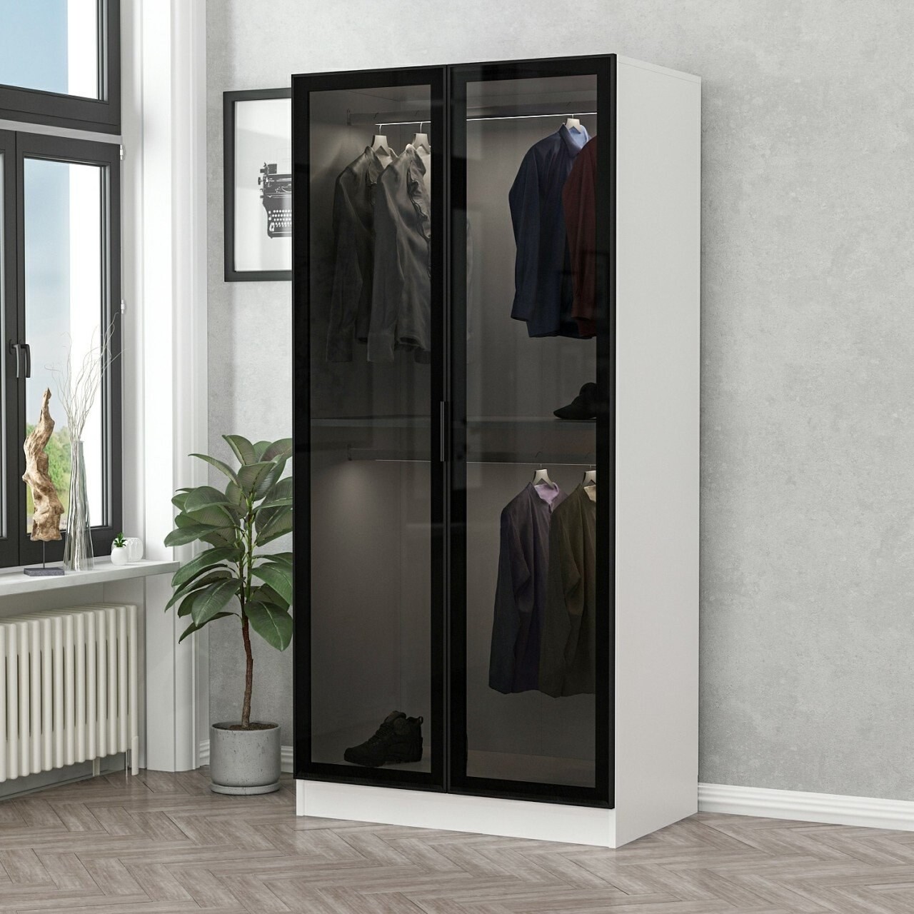 Dulap pentru haine, Minerva, Kale Glass Black, 90x210x52 cm, PAL, Alb/Negru - 1 | YEO