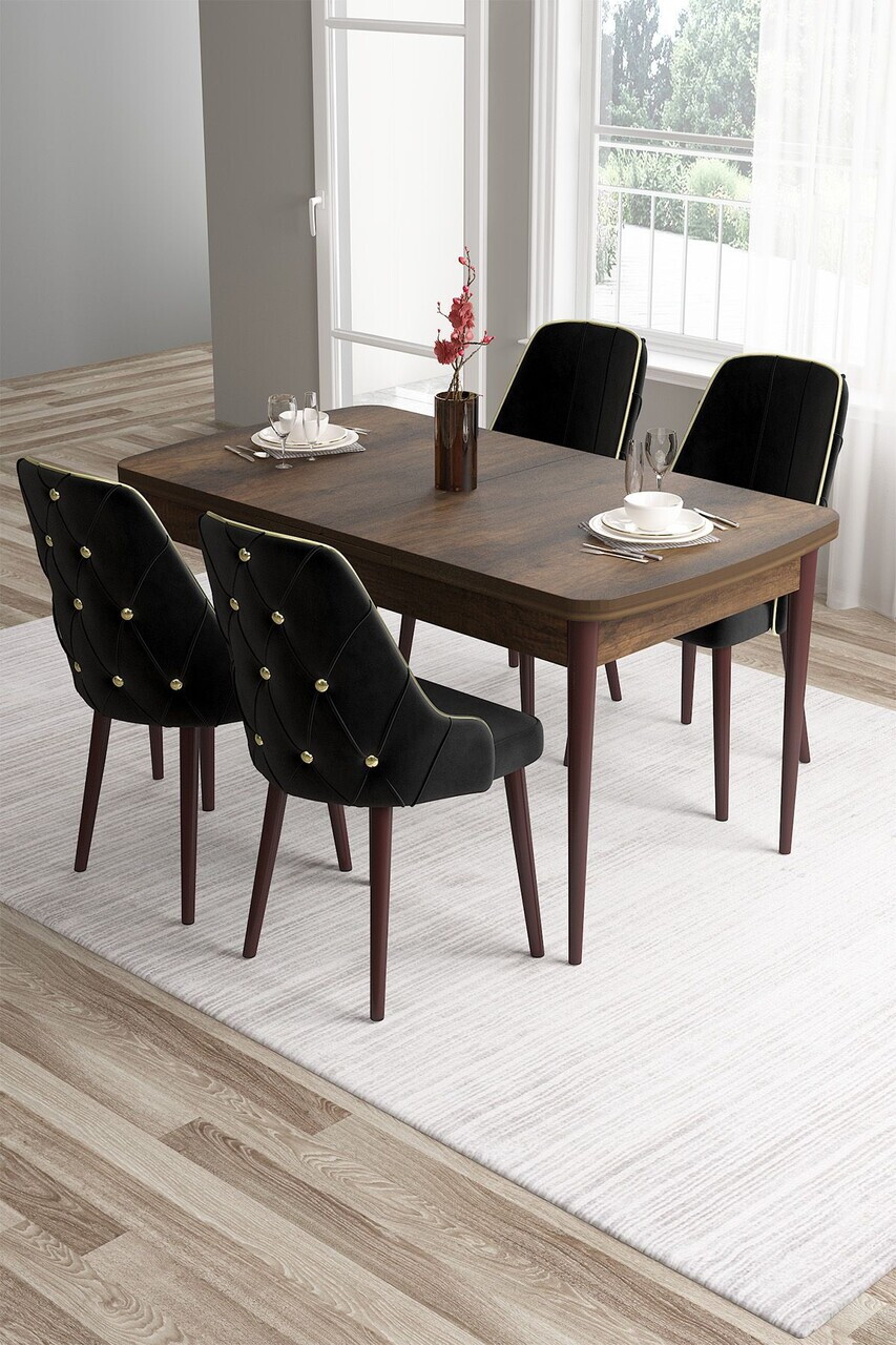 Set masa si scaune (5 piese), Hanah Home, Tia, Model baroc din lemn / Negru