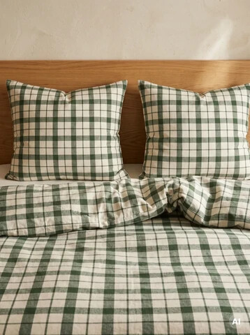 Lenjerie de pat King Size, Nordy, Homla, 200x220 cm, 3 piese, bumbac, verde/alb