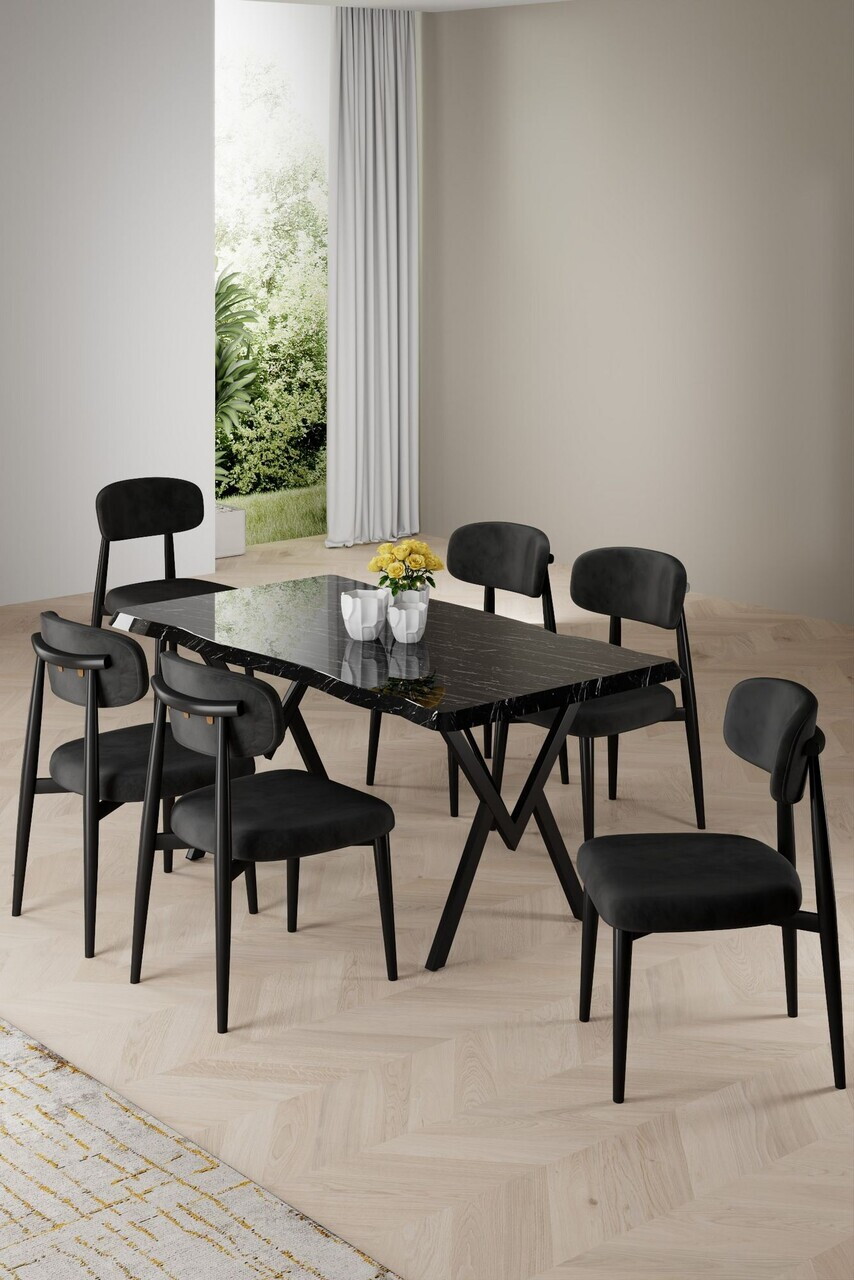 Set masa si scaune (7 piese), Hanah Home, Zerra, Model de marmură neagră / Negru