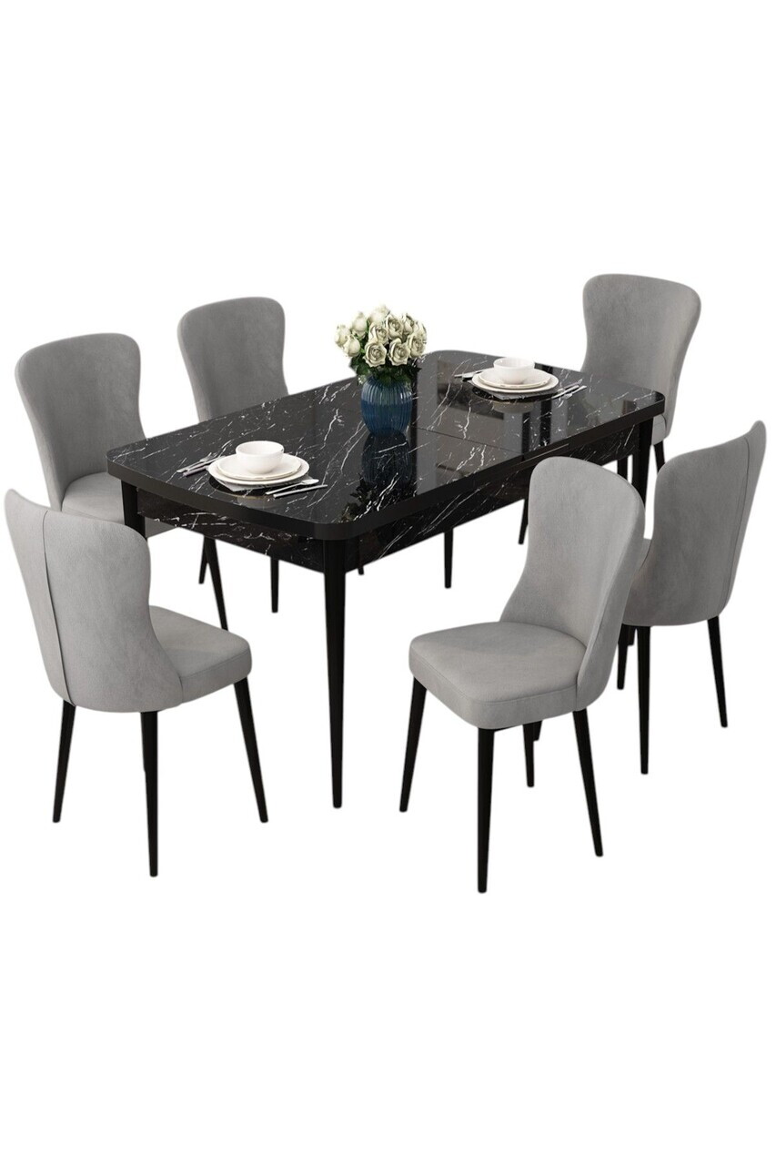 Set masa extensibila si scaune (7 piese), Hanah Home, Due, Model de marmură neagră / Gri — imaginea 2