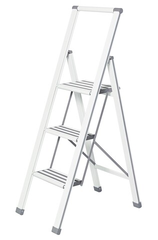 Scara pliabila, Wenko, 3-step, 44 x 127 x 5.5 cm, aluminiu/plastic, alb