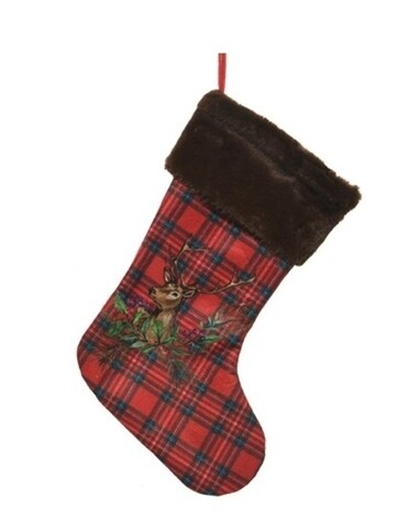 Decoratiune Stocking w Deer face left, Decoris, 28x44 cm, poliester, rosu/maro