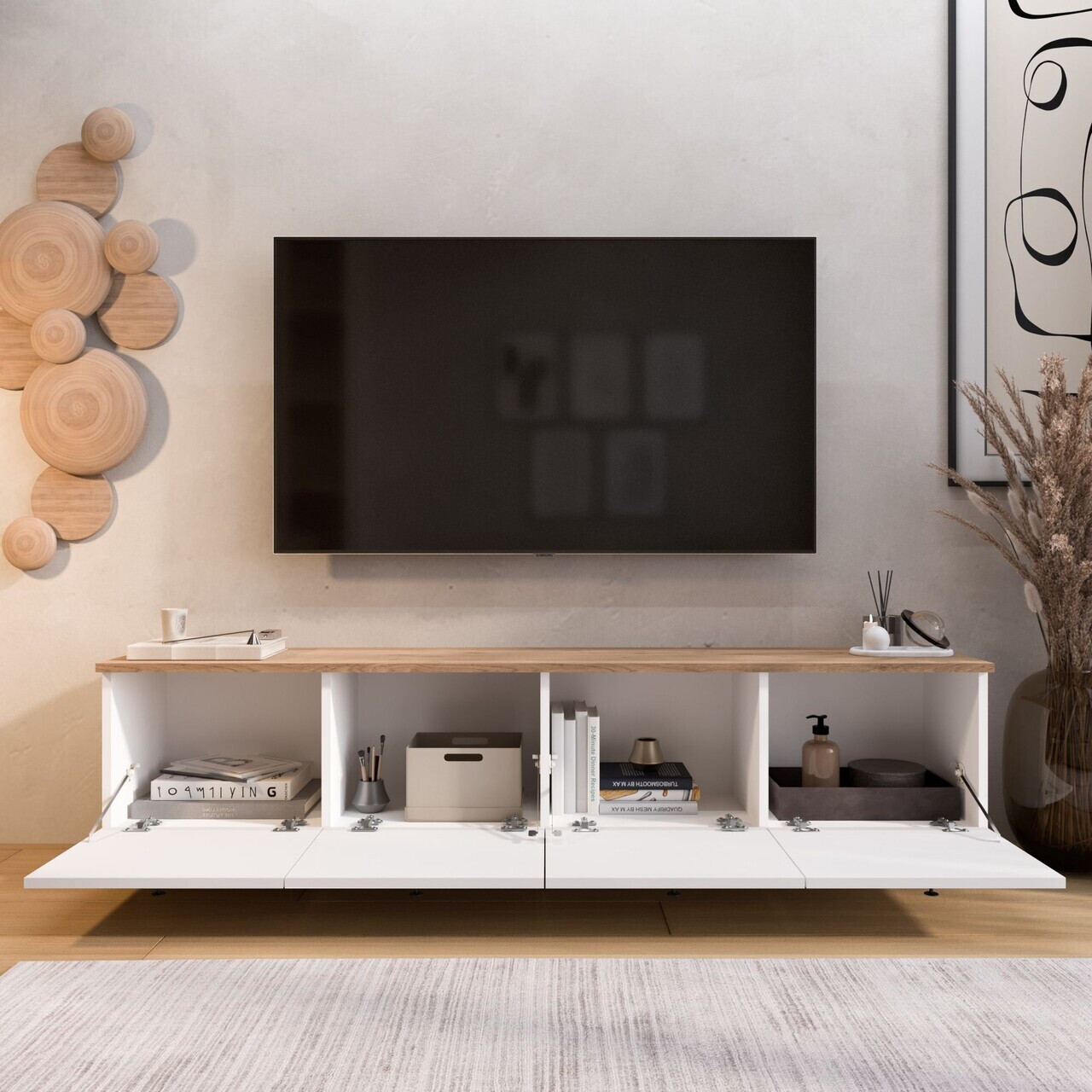 Comoda TV, Hanah Home, Nord, 180x45.6x34.1 cm, PAL, Alb / Stejar — imaginea 4