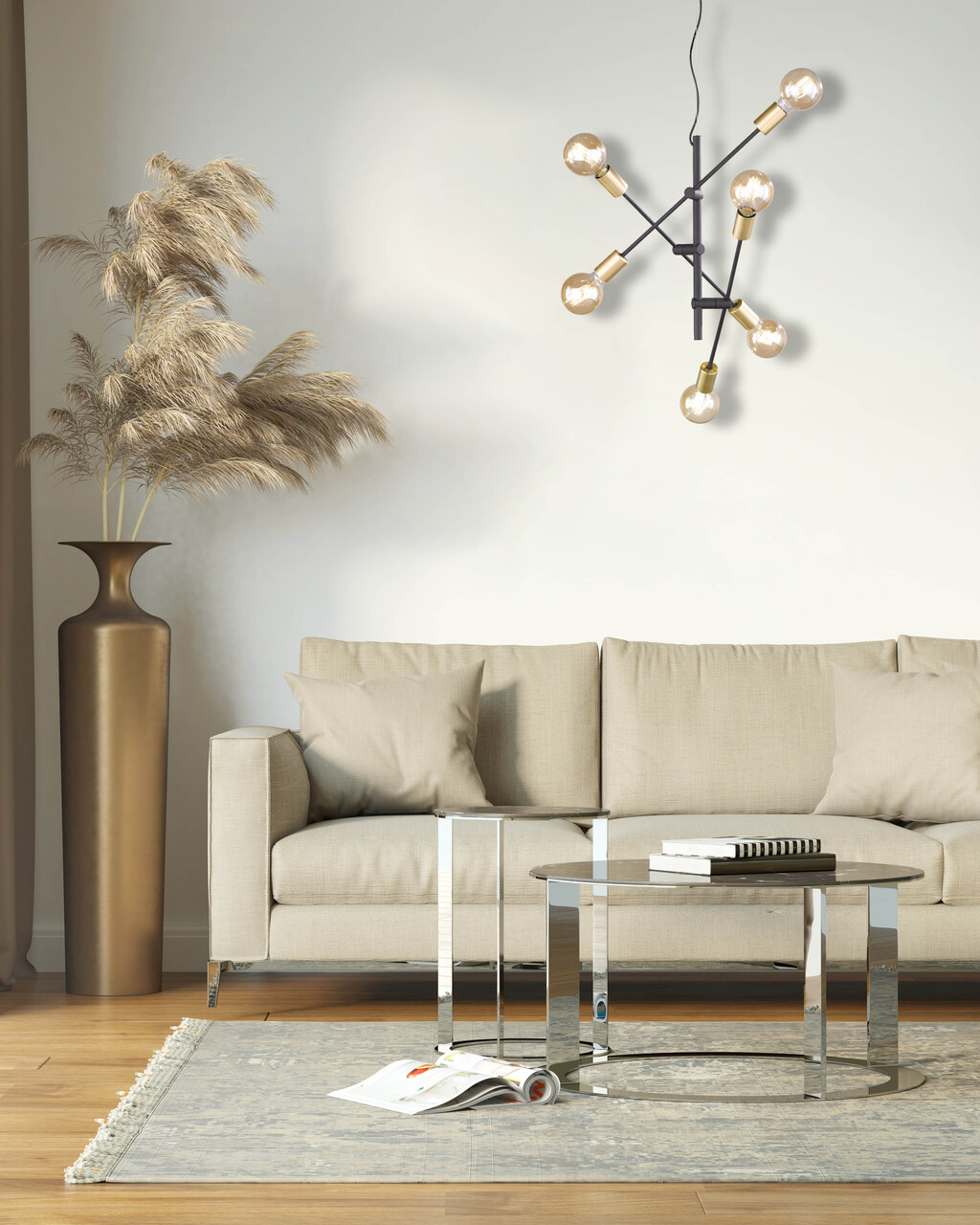 Lustra Cross, TRIO, 54.5x150 cm, 28W, 6x E27, metal, negru mat/auriu