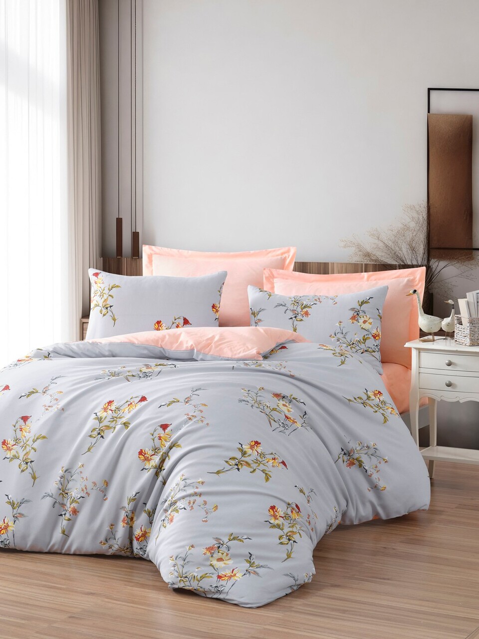 Lenjerie de pat dubla, Vintage - Ice Blue, EnLora Home, 65% bumbac/35% poliester