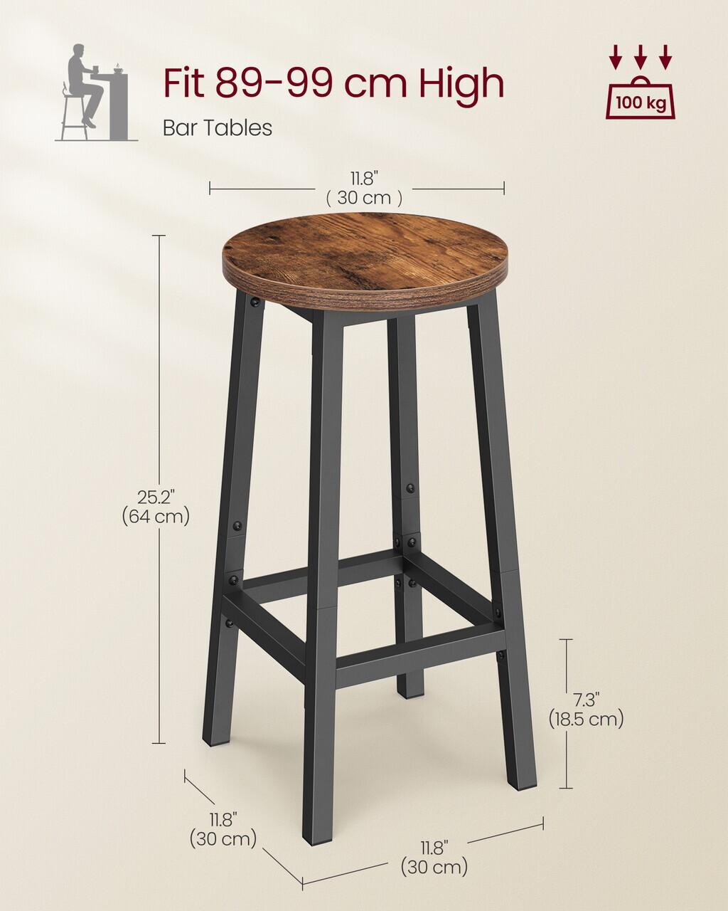 Set 2 scaune de bar, Vasagle, 32x65 cm, PAL/otel, maro rustic/negru - view 4