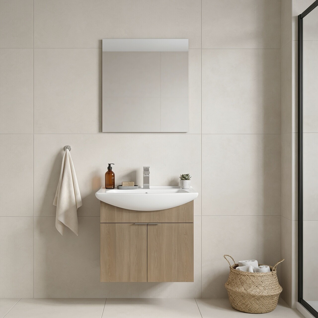Set Dulap de Baie cu Chiuvetă și Oglindă (2 Piese), Hanah Home, Purus 65, Stejar