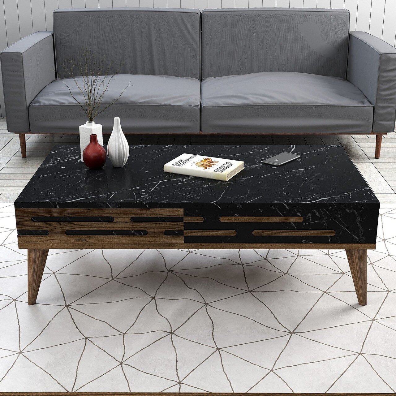 Set mobilier living, Hanah Home, Valensiya 140, Nuc / Negru / Marmură - imagine 3