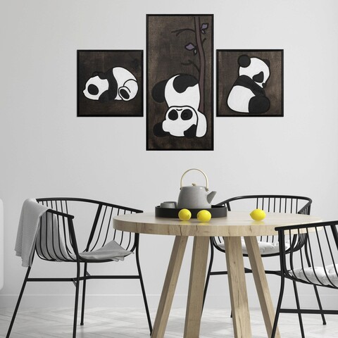 Decoratiune de perete, Panda Family, Placaj, 30 x 30 cm, 2 piese, Alb negru mezoni.ro