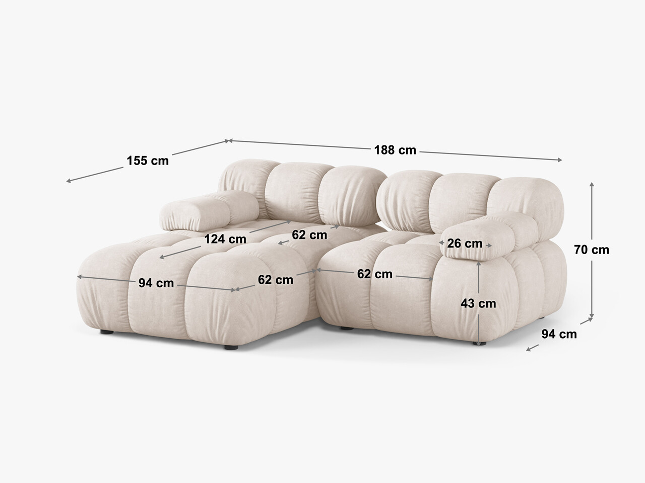 Coltar modular dreapta 3 locuri, Bellis, Micadoni Home, BL, 188x155x70 cm, catifea, bej deschis