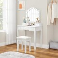 Masa de toaleta cu taburet si oglinda cu LED-uri / masuta dressing, Vasagle, 80x40x139 cm, MDF/lemn de pin/lemn de cauciuc, alb