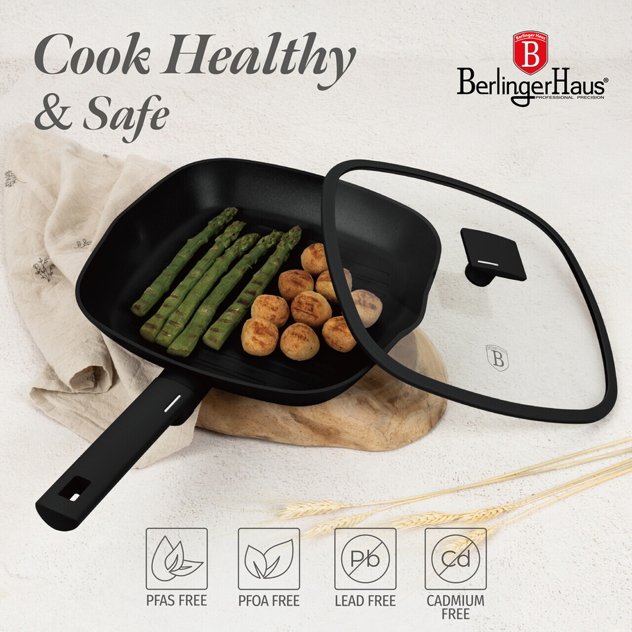 Tigaie grill cu capac Berlinger Haus, Matte Black, 28 cm, 2.1 L, aluminiu forjat, negru - imagine 11