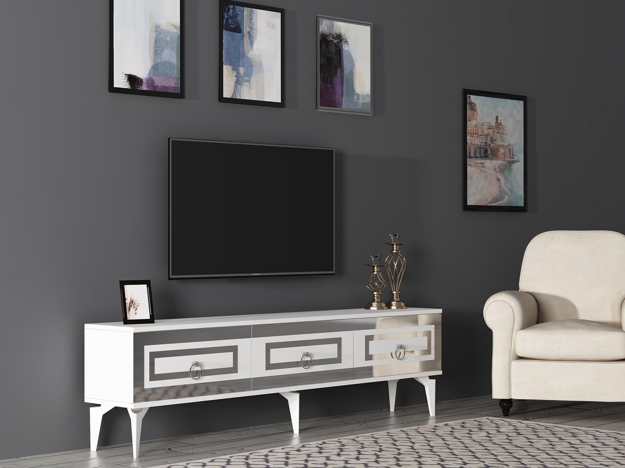 Comoda TV, Olivia, Karya, 180x44.6x29.6 cm, PAL , Alb / Argintiu - 2 | YEO