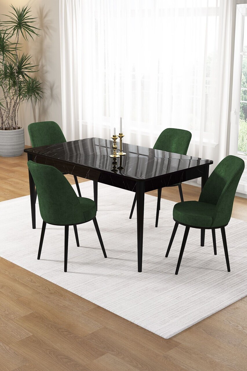 Set masa si scaune (5 piese), Hanah Home, Pir, Model de marmură neagră / Verde kaki