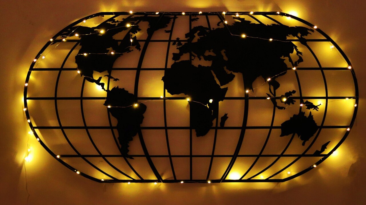 Decoratiune de perete, World Map Globe Led, Metal, Dimensiune: 60 x 120 cm, Negru - 1 | YEO