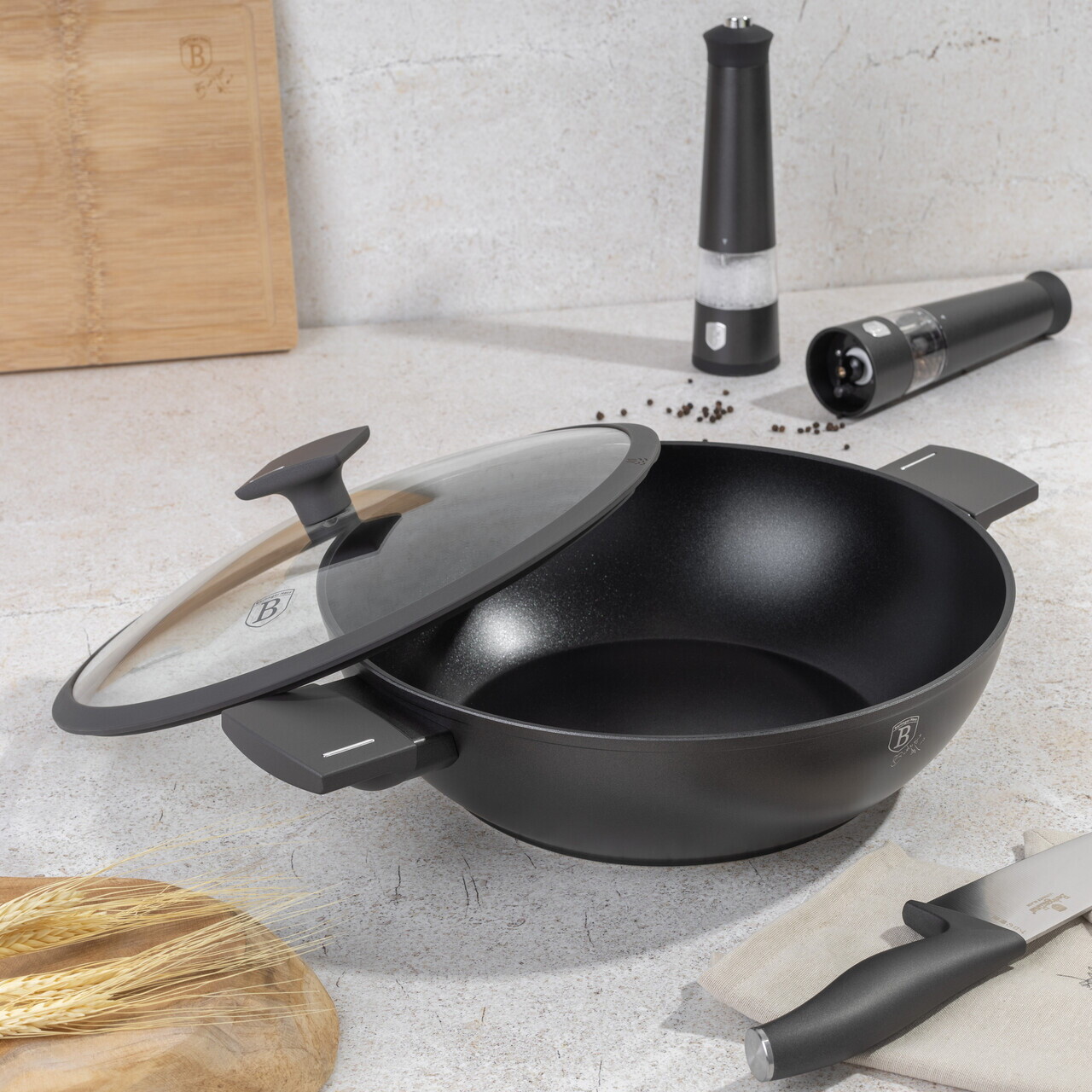 Tigaie Wok cu capac Berlinger Haus, Anthracite, 30 cm, aluminiu forjat, antracit mat - imagine 6