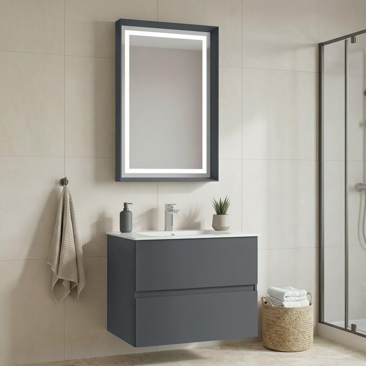 Set Dulap de Baie cu Chiuvetă și Oglindă (2 Piese), Hanah Home, Nest 71 v2, Antracit mat
