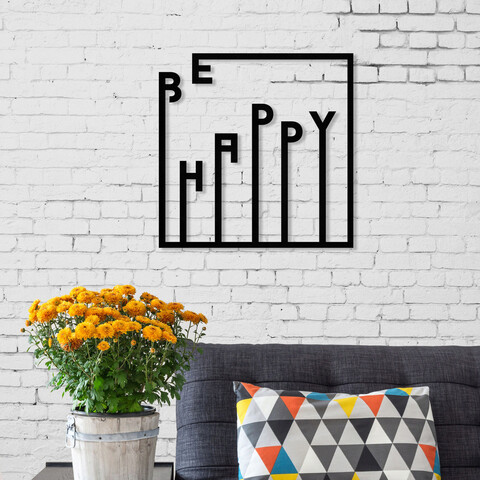 Decoratiune de perete, happy, metal, dimensiune: 40 x 40 cm, negru