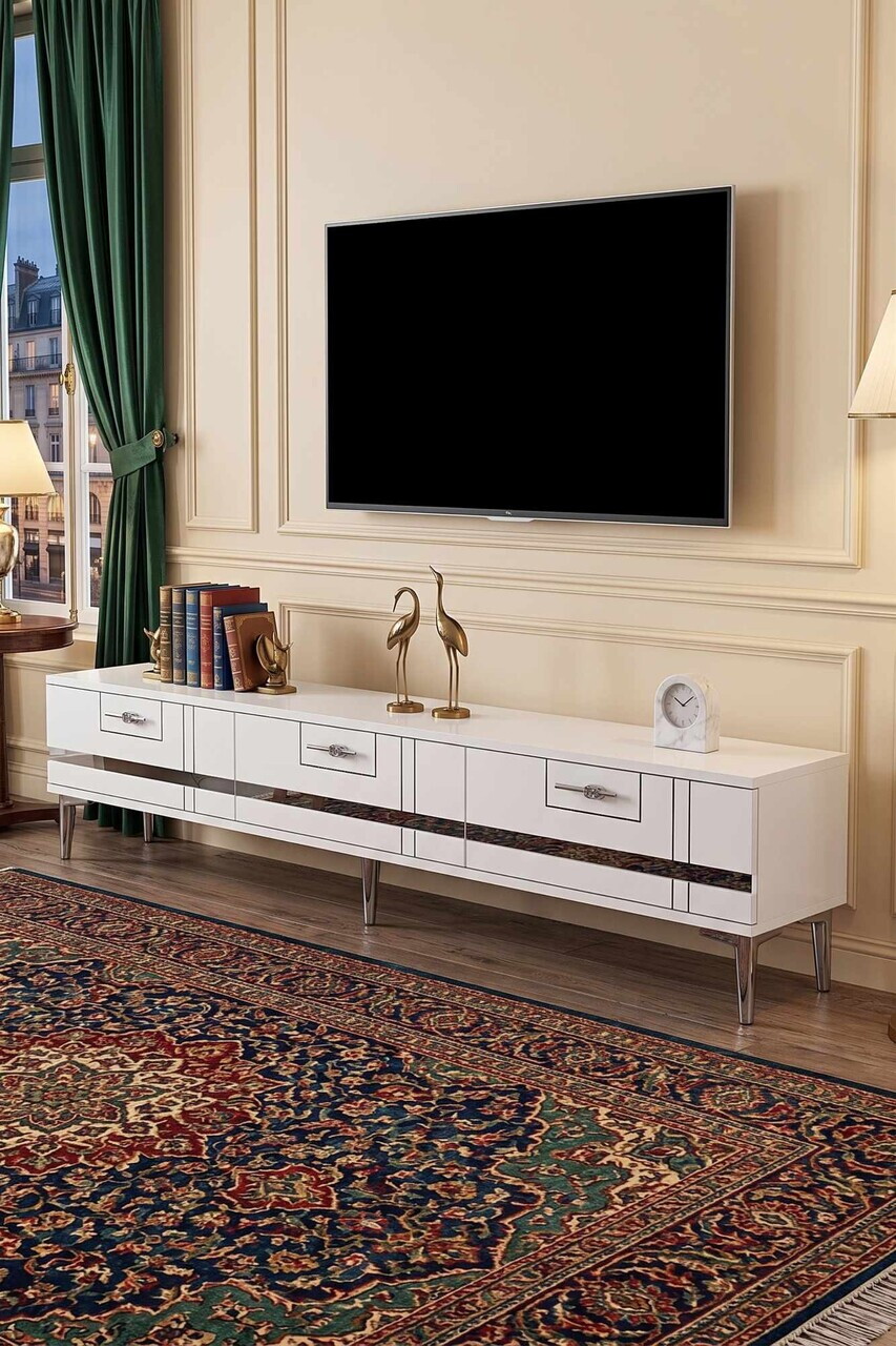Comoda TV, Hanah Home, Ilay, 180x41x30 cm, Alb / Argintiu