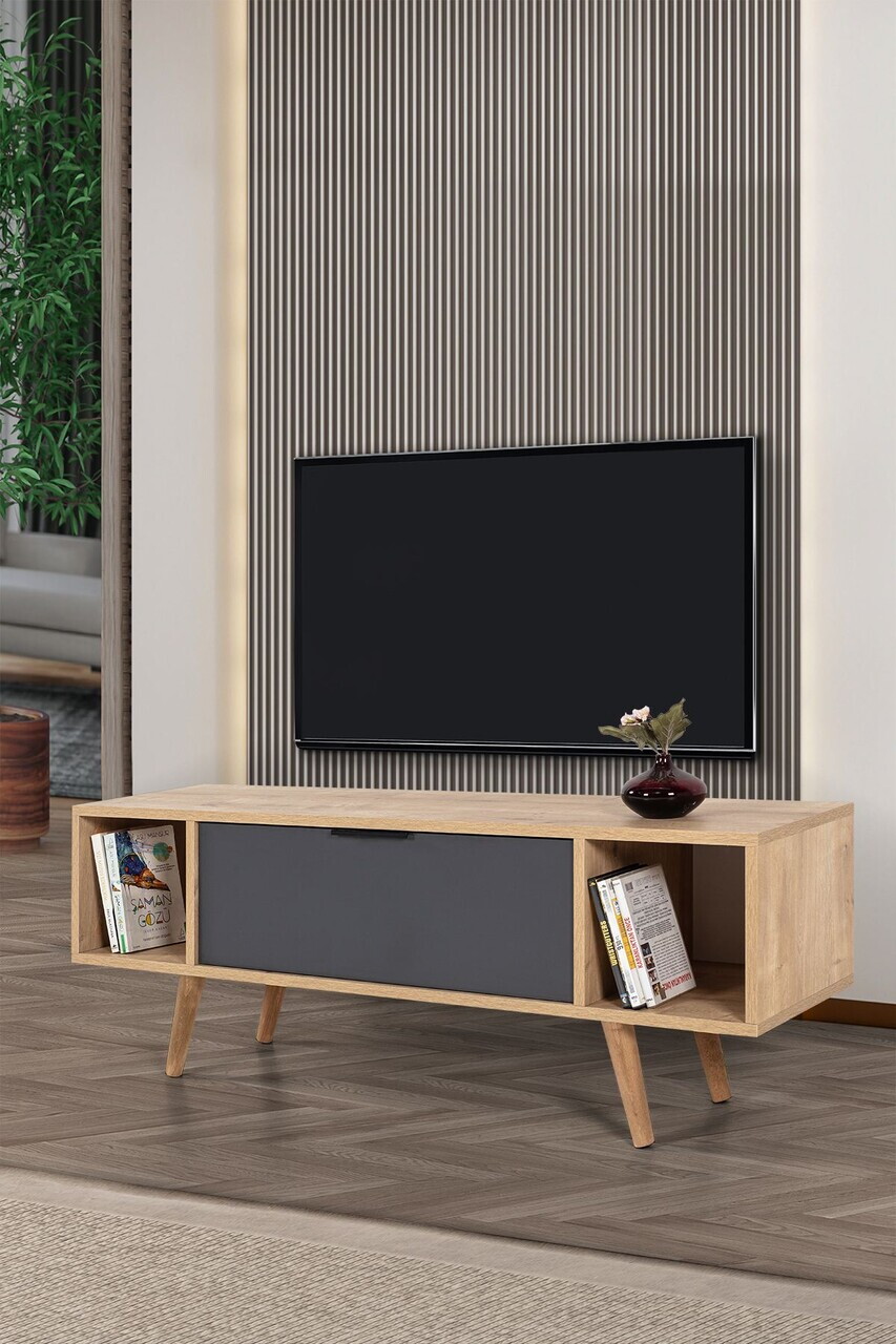Comoda TV, Hanah Home, Mesir 3324, 130x47x35 cm, PAL, Stejar safir / Antracit — imaginea 4