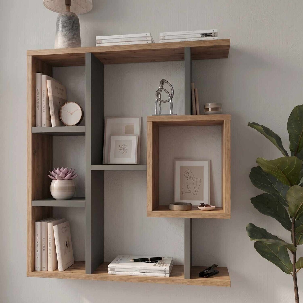 Corp biblioteca, Hanah Home, Yegane, 70.9x74.5x19.7 cm, Pin Atlantic / Antracit — imaginea 4