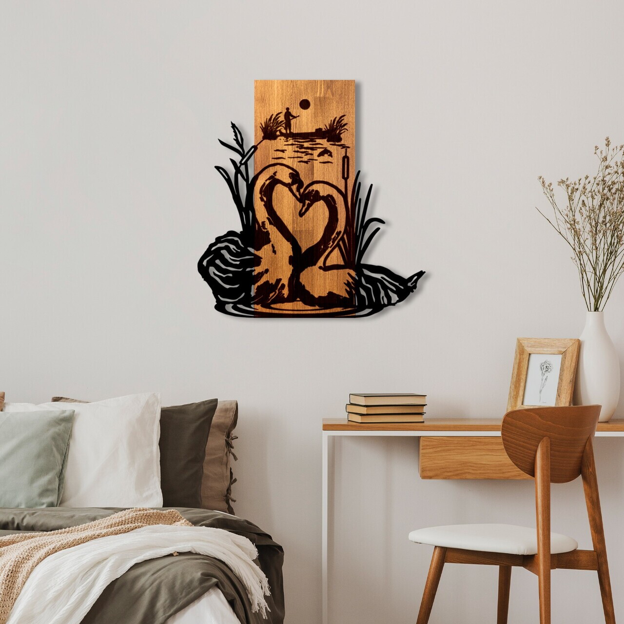 Decoratiune de perete, Swan Lake, Lățime: 57 cm, Nuc / Negru — imaginea 3