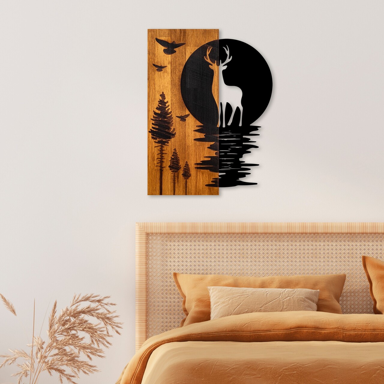 Decoratiune de perete, Deer and Moon, Lățime: 43 cm Înălțime: 58 cm Adâncime: 3 cm, Nuc / Negru - view 3