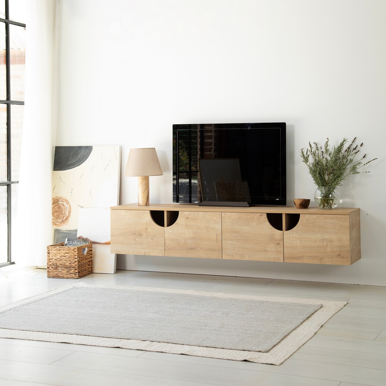 Comoda TV, Neostill, Grotte, 180x35x35 cm, Cadru: PAL MELAMINAT 100%., Stejar - 1 | YEO