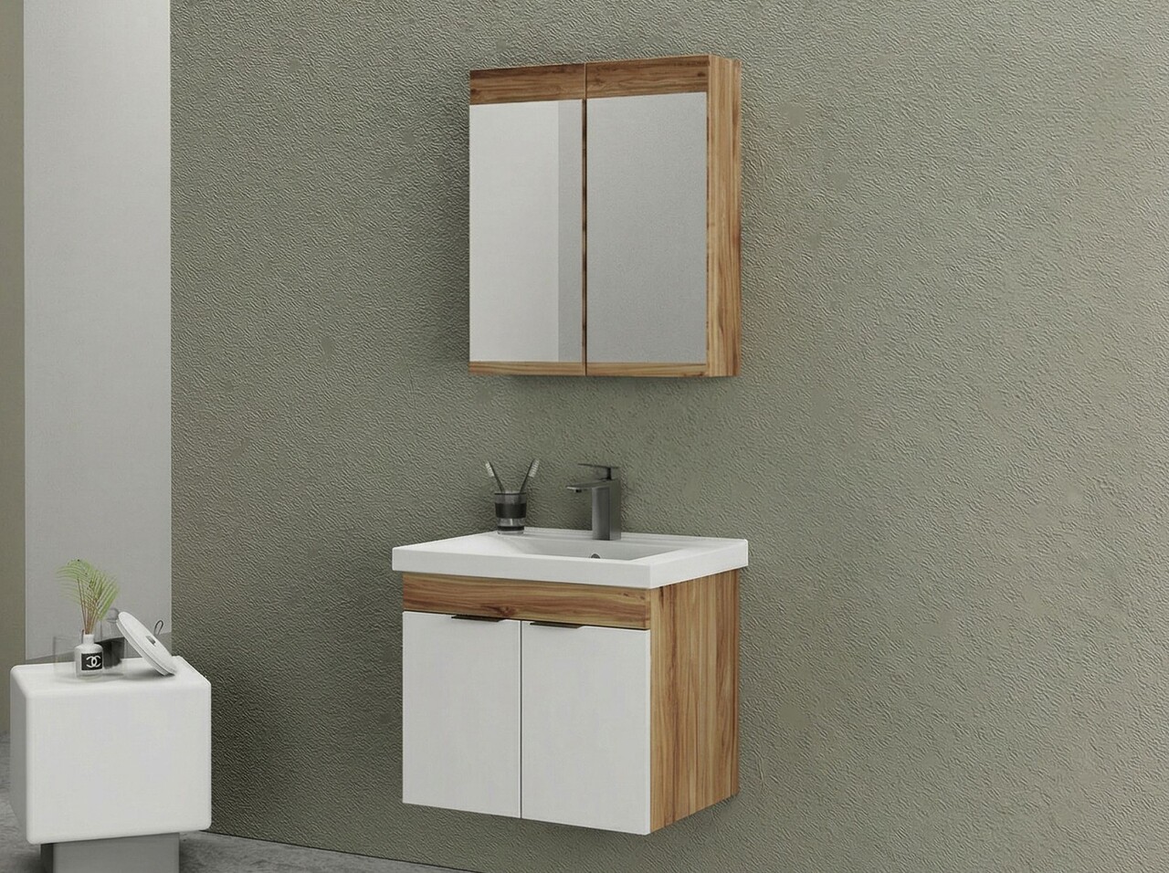 Set mobilier de baie (2 piese), Hanah Home, Carıno 80, Pin / Alb Mat - view 2