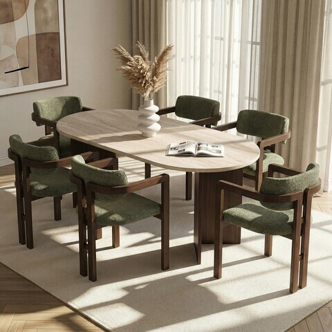 Set masa si scaune (7 piese), Nordure, Meridia 6, Travertin / Nuc Milano / Nuc Închis / Verde